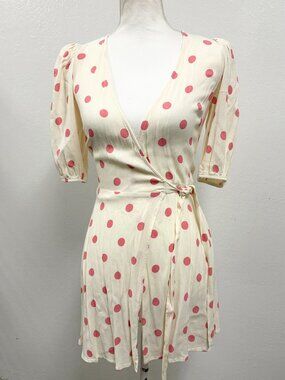 Reformation Cream And Pink Polka Dot Printed Wrap Dress Midi Length Size XS